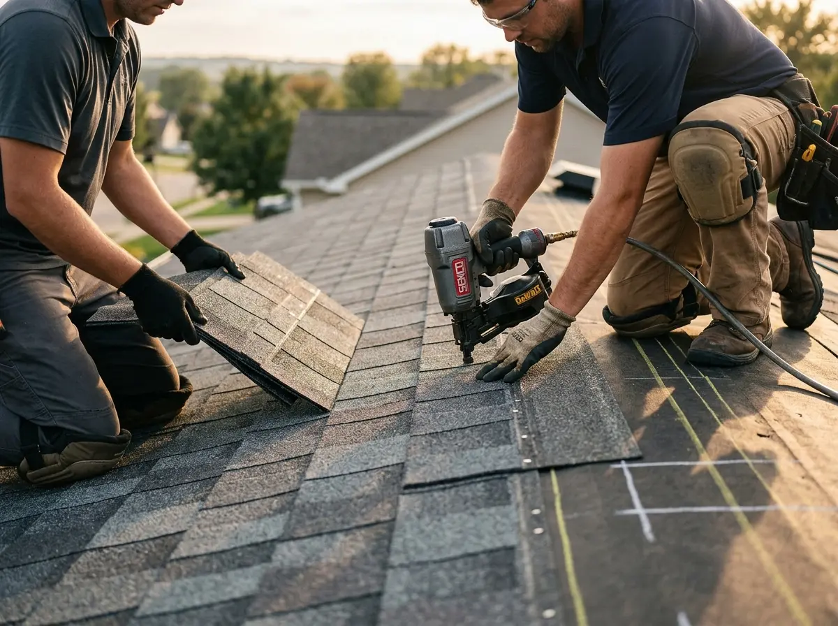 Professional roofer working on a residential roof in Obetz